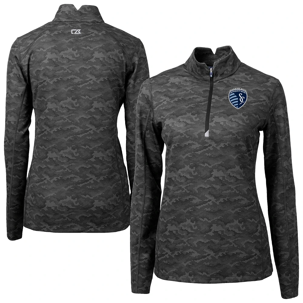 Women's Cutter & Buck Black Sporting Kansas City Traverse Stretch Eco Camo Print Quarter-Zip Pullover Top