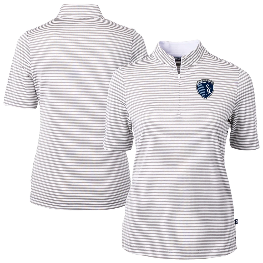 Women's Cutter & Buck Gray Sporting Kansas City Virtue Eco Pique Stripe Recycled Quarter-Zip Top