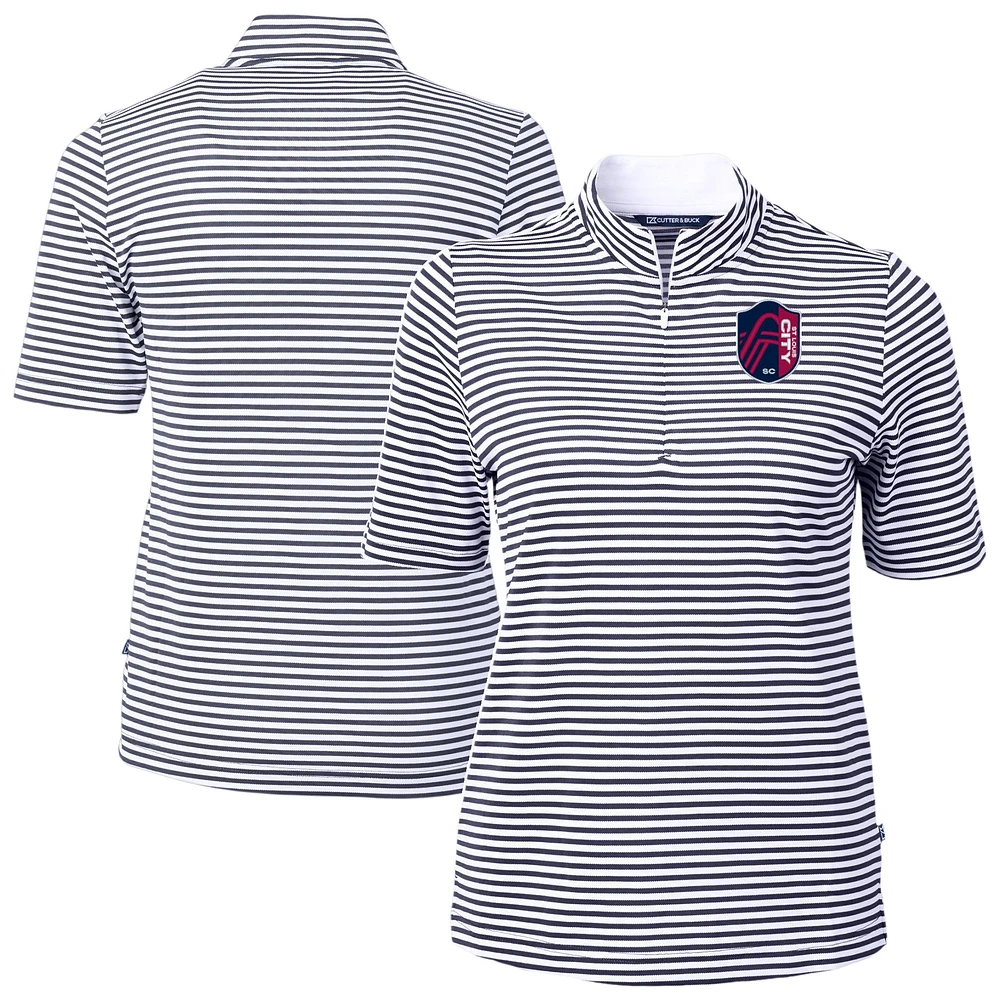 Women's Cutter & Buck Navy St. Louis City SC Virtue Eco Pique Stripe Recycled Quarter-Zip Top