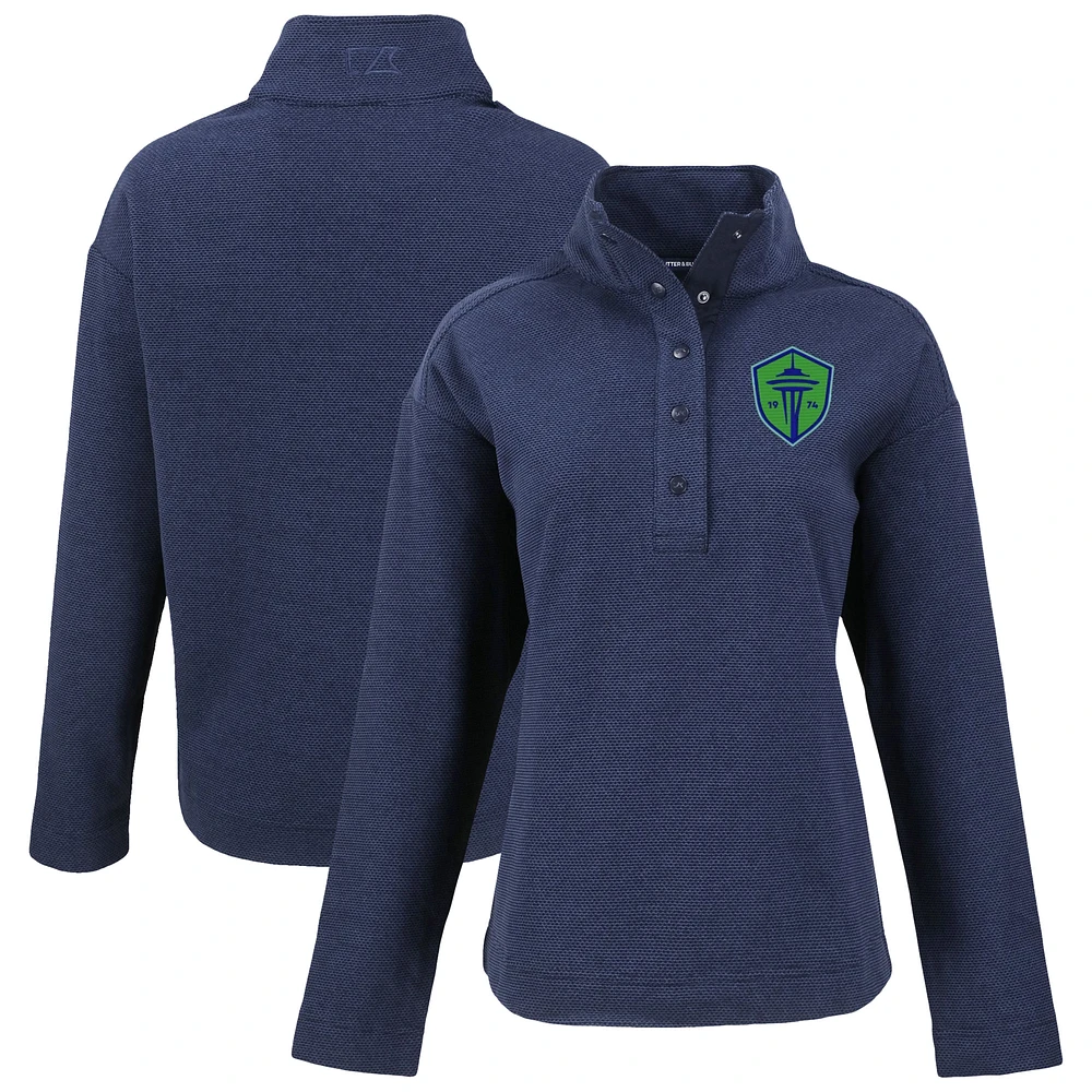 Women's Cutter & Buck Navy Seattle Sounders FC Hunts Point Eco Textured Fleece Recycled Quarter-Snap Pullover Top