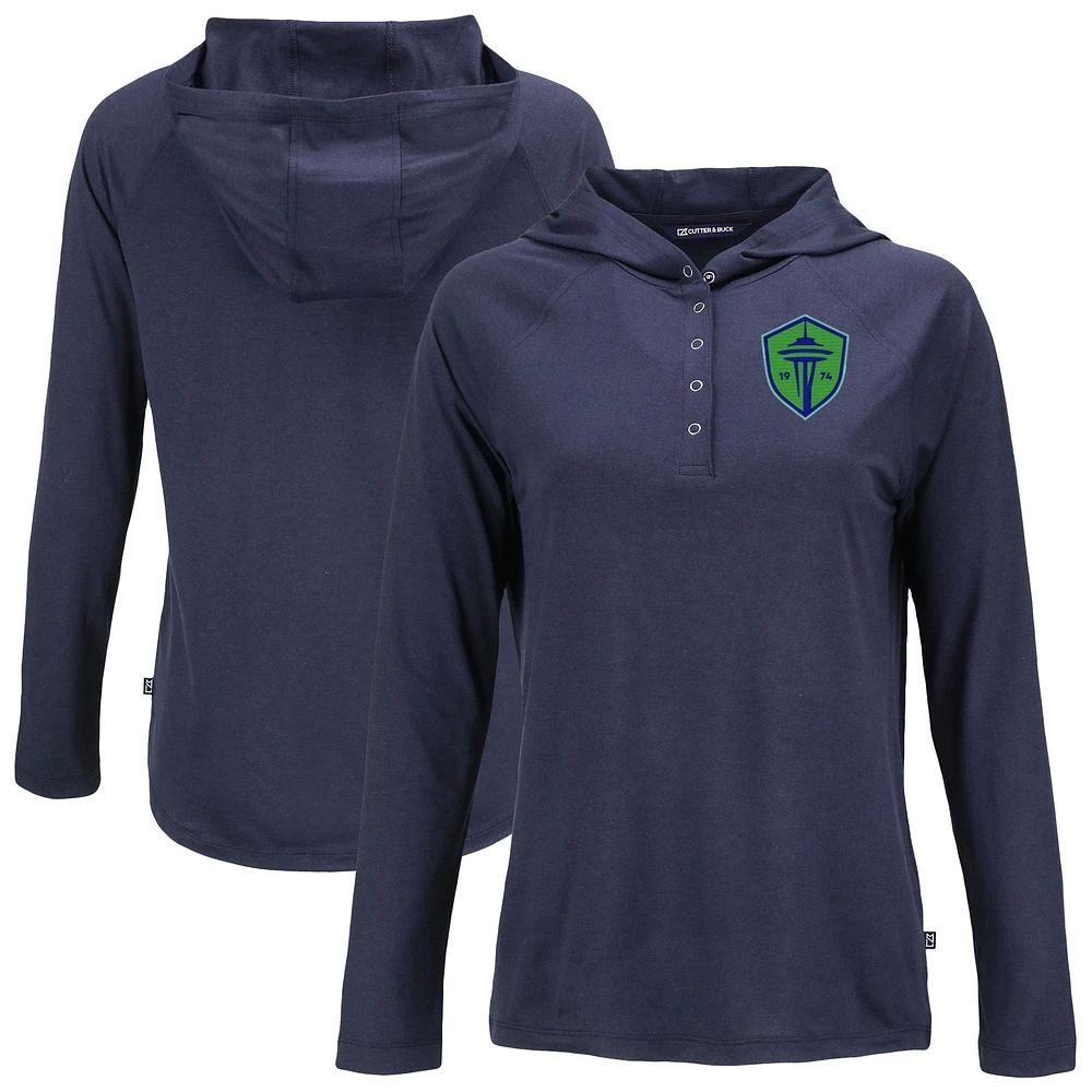 Women's Cutter & Buck Navy Seattle Sounders FC Coastline Epic Comfort Eco Recycled Quarter-Snap Raglan Hoodie Top