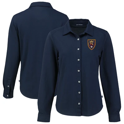 Women's Cutter & Buck Navy Real Salt Lake Advantage Tri-Blend Eco Soft Pique Long-Sleeve Knitted Button-Up Top