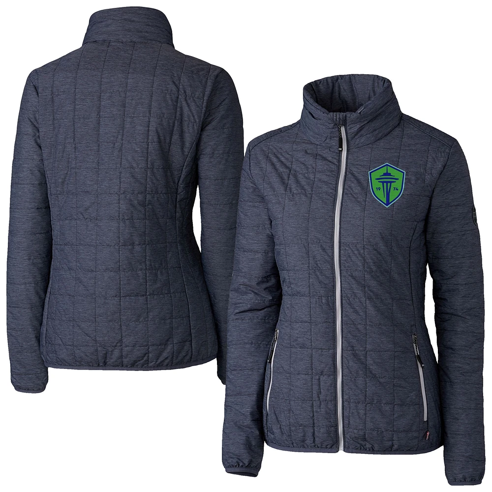 Women's Cutter & Buck Heather Navy Seattle Sounders FC Rainier PrimaLoft Eco Insulated Full-Zip Printed Puffer Jacket