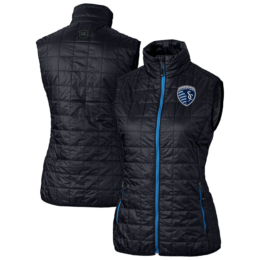 Women's Cutter & Buck Navy Sporting Kansas City Rainier PrimaLoft Eco Insulated Full-Zip Printed Puffer Vest