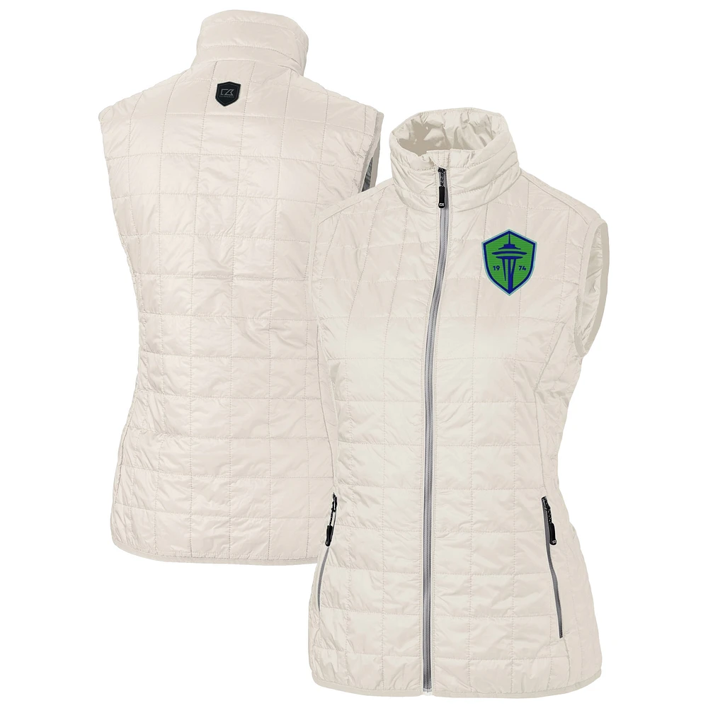 Women's Cutter & Buck Oatmeal Seattle Sounders FC Rainier PrimaLoft Eco Insulated Full-Zip Printed Puffer Vest