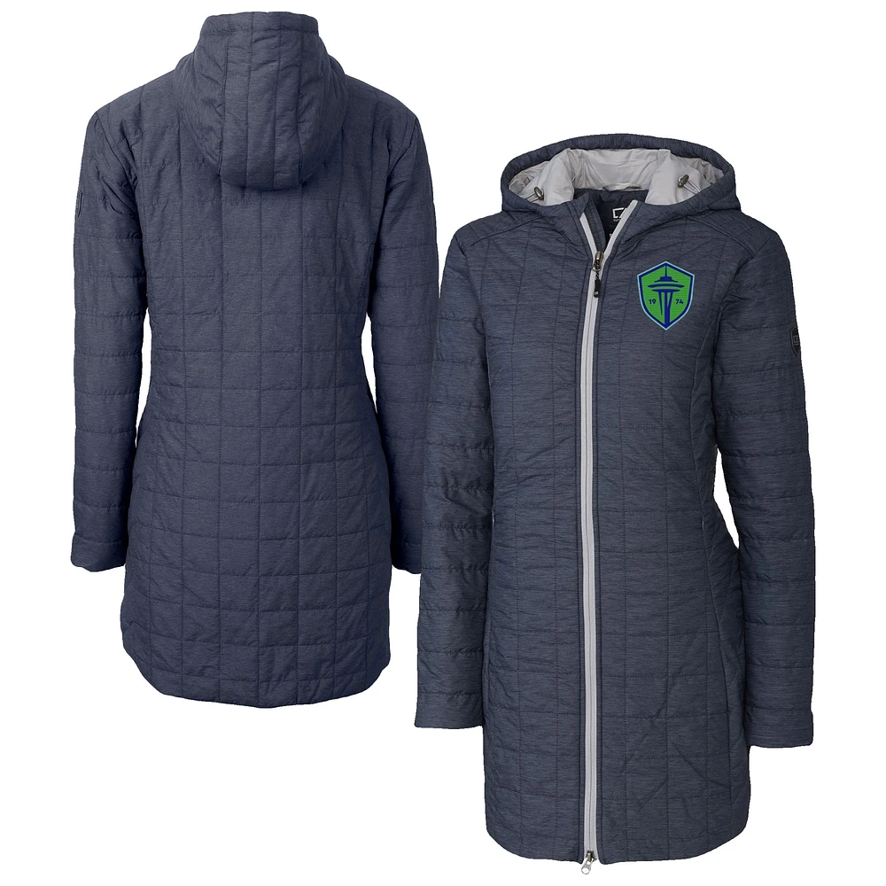 Women's Cutter & Buck Heather Navy Seattle Sounders FC Rainier PrimaLoft® Eco Insulated Hooded Full-Zip Long Coat