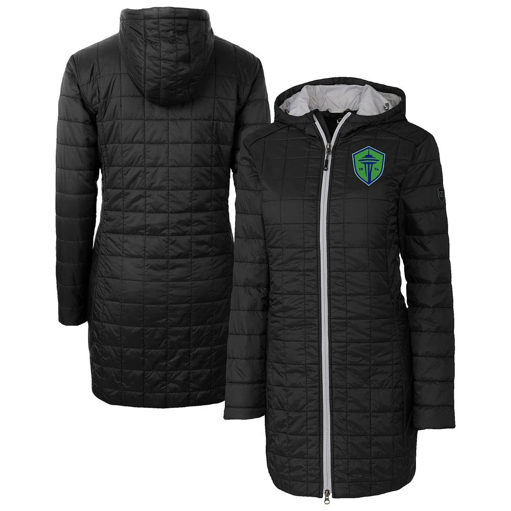 Women's Cutter & Buck Black Seattle Sounders FC Rainier PrimaLoft® Eco Insulated Hooded Full-Zip Long Coat