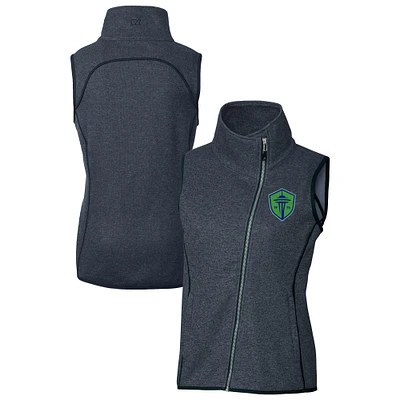 Women's Cutter & Buck Heather Navy Seattle Sounders FC Mainsail Sweater-Knit Full-Zip Asymmetrical Vest