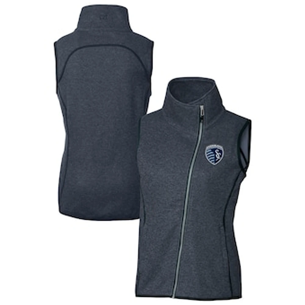 Women's Cutter & Buck Heather Navy Sporting Kansas City Mainsail Sweater-Knit Full-Zip Asymmetrical Vest