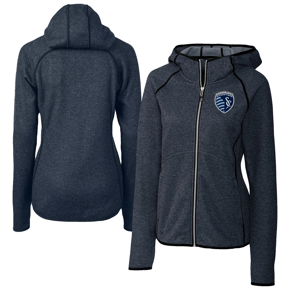 Women's Cutter & Buck Heather Navy Sporting Kansas City Mainsail Sweater-Knit Full-Zip Jacket
