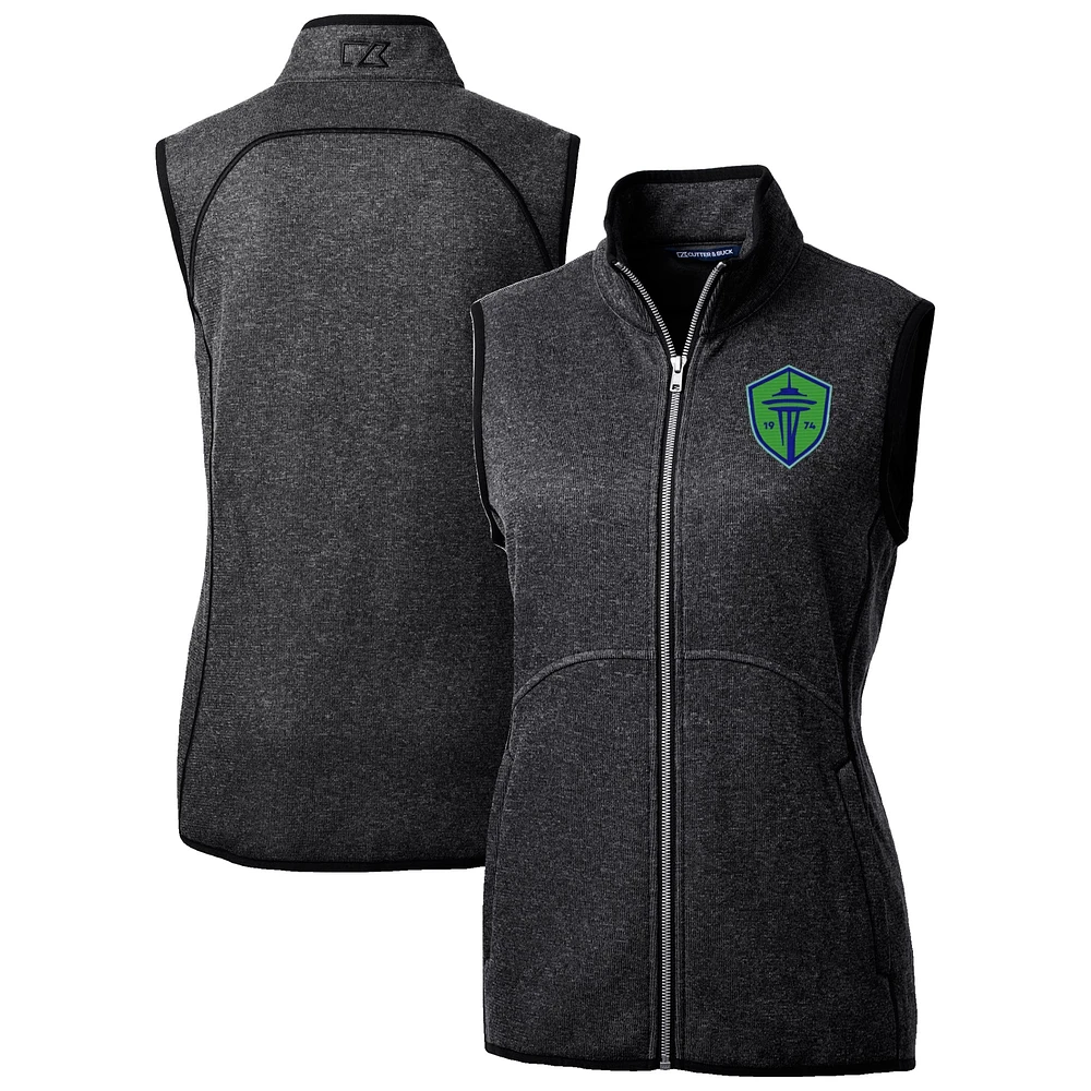 Women's Cutter & Buck Heather Charcoal Seattle Sounders FC Mainsail Sweater-Knit Full-Zip Vest