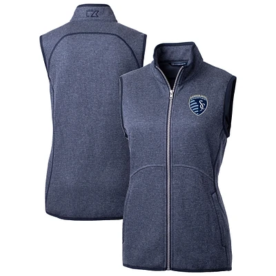 Women's Cutter & Buck Heather Navy Sporting Kansas City Mainsail Sweater-Knit Full-Zip Vest