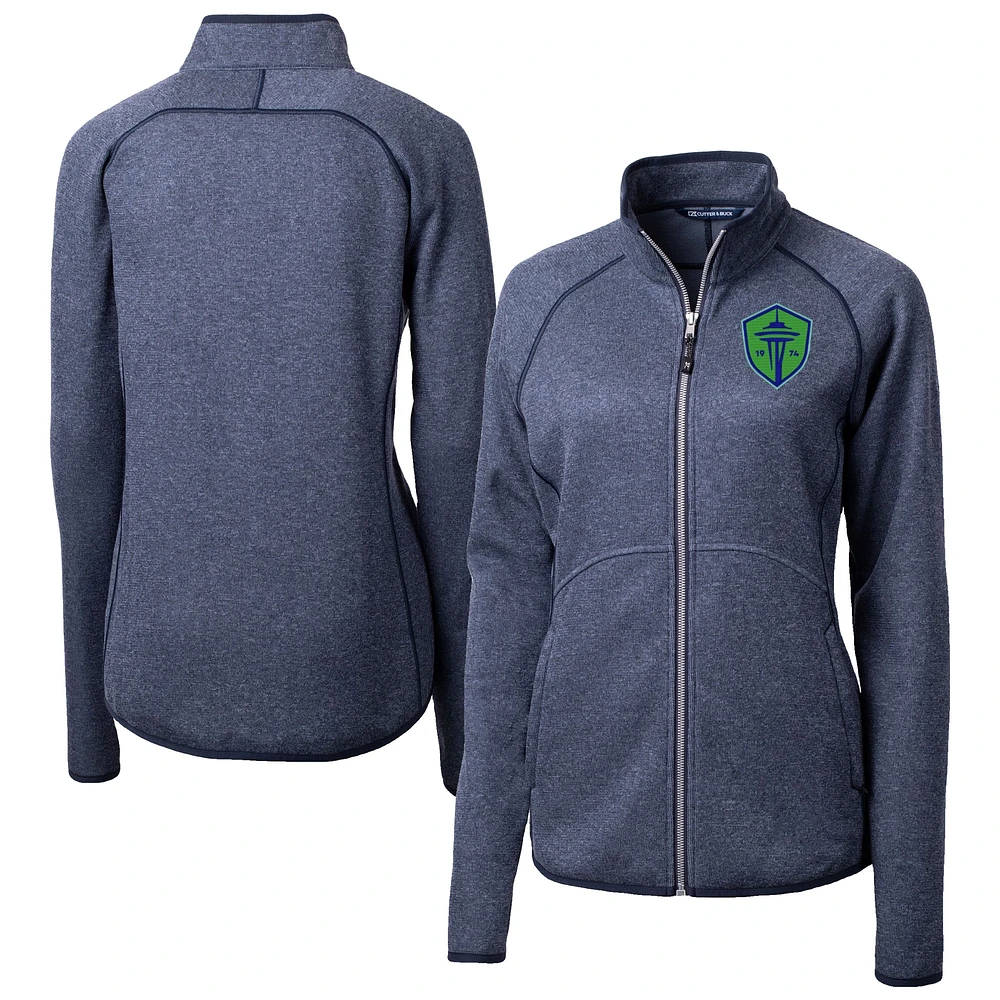 Women's Cutter & Buck Heather Navy Seattle Sounders FC Mainsail Sweater-Knit Raglan Full-Zip Jacket