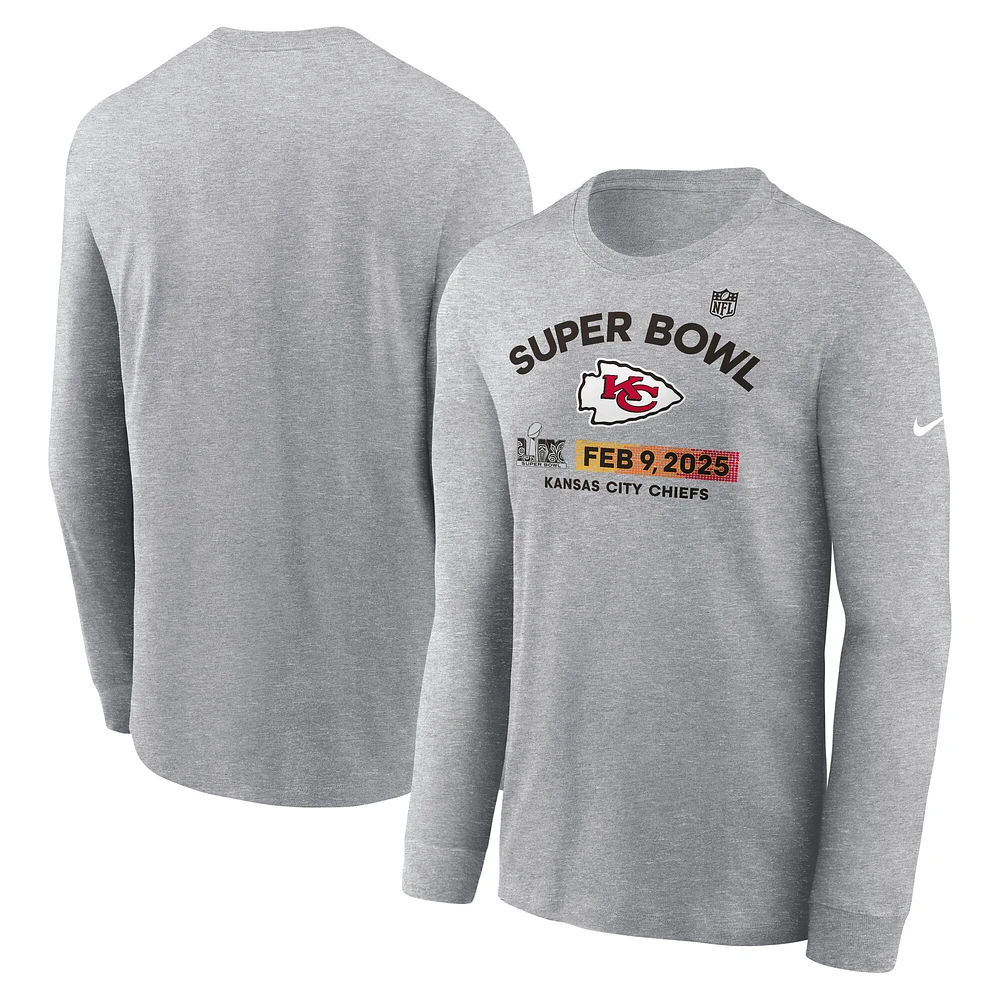 Men's Nike Heather Gray Kansas City Chiefs Super Bowl LIX Team Logo Long Sleeve T-Shirt