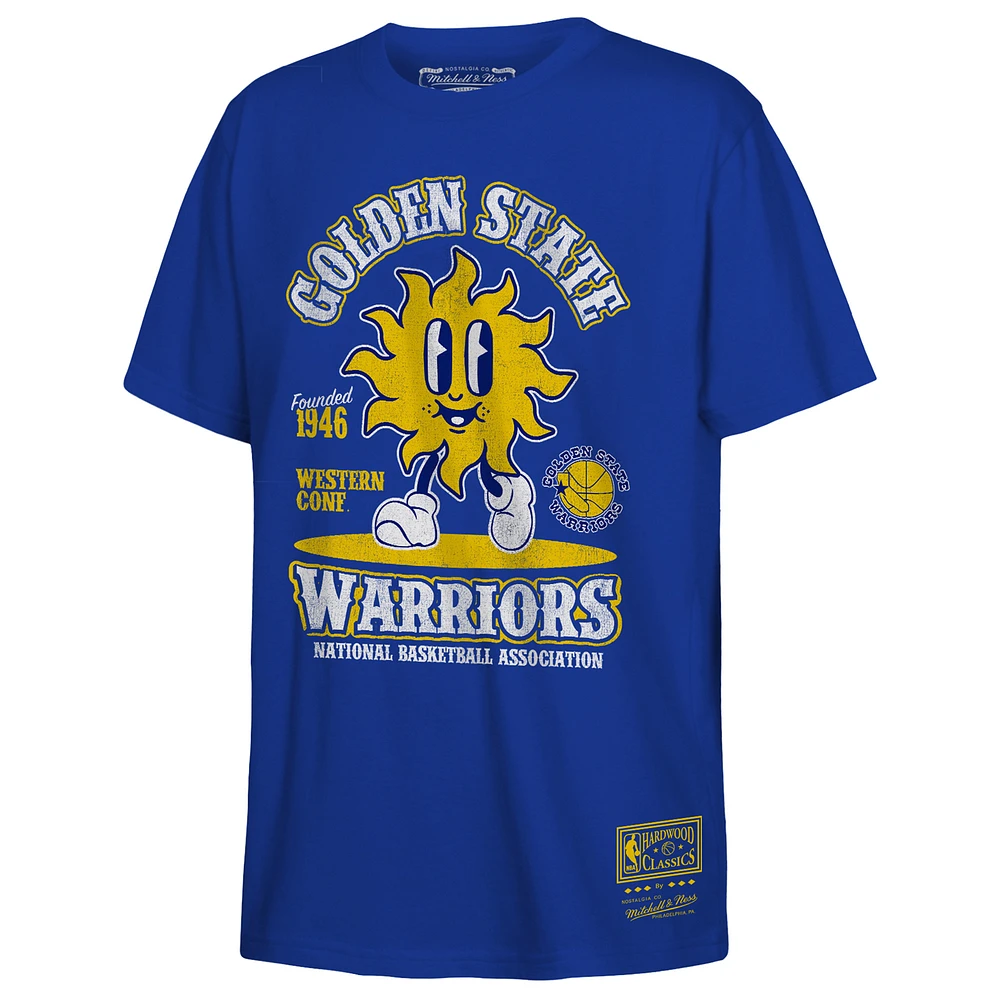 Youth Mitchell & Ness Royal Golden State Warriors Retro Mascot Script T-Shirt