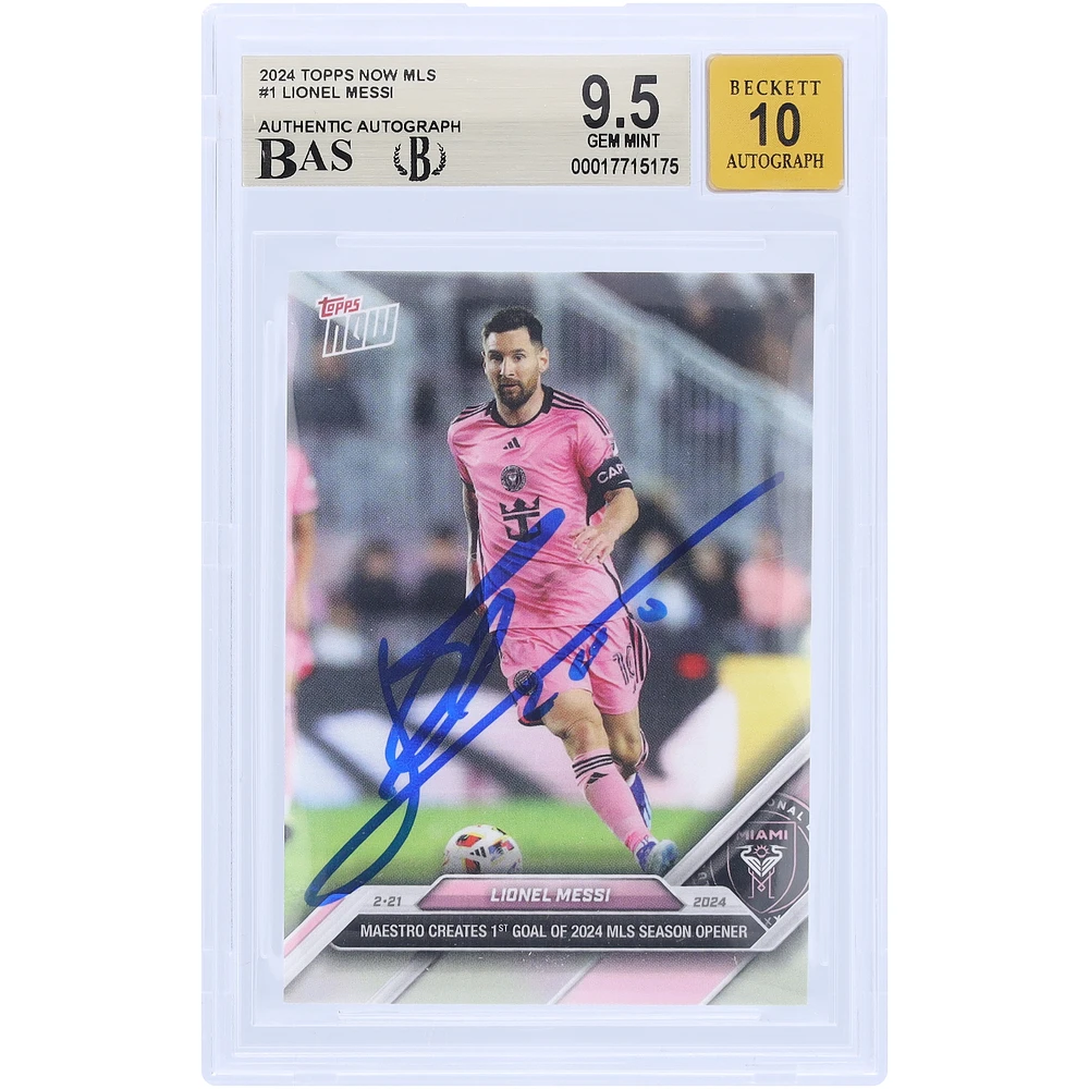 Lionel Messi Inter Miami CF Autographed 2024 Topps Now MLS Maestro Creates 1st Goal of 2024 MLS Season Opener #1 BAS Authenticated 9.5/10 Card