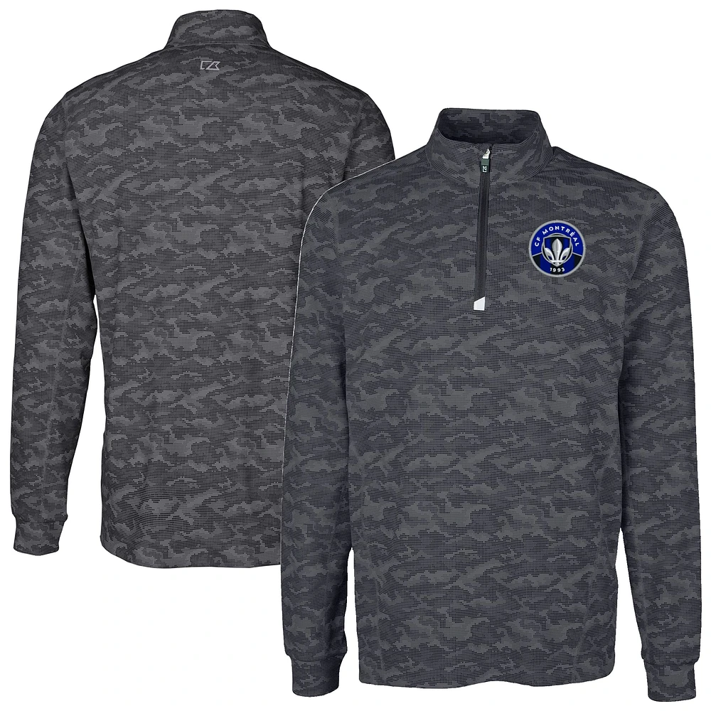 Men's Cutter & Buck Black CF Montreal Big Tall Traverse Stretch Eco Camo Print Quarter-Zip Pullover Top