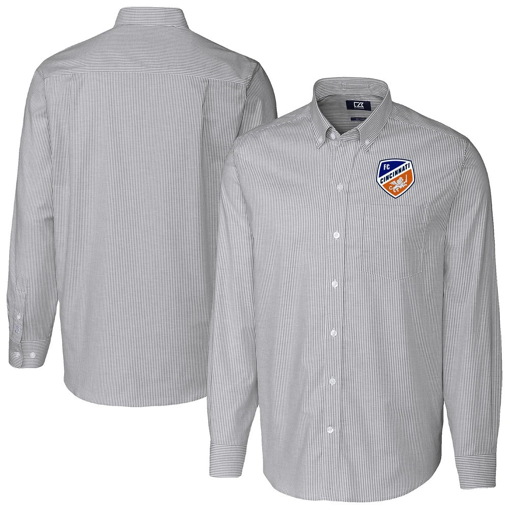 Men's Cutter & Buck Charcoal FC Cincinnati Big Tall Stretch Oxford Stripe Tri-Blend Long Sleeve Dress Shirt