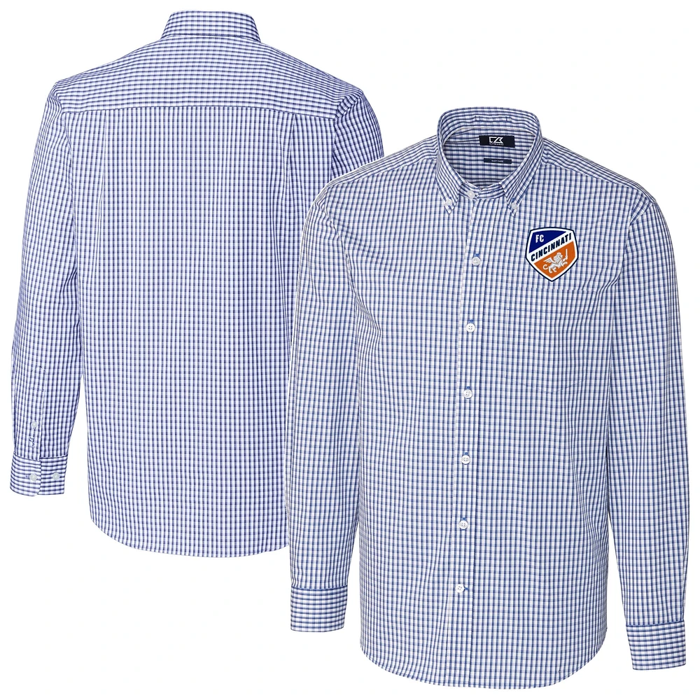 Men's Cutter & Buck Blue FC Cincinnati Big Tall Easy Care Stretch Gingham Long Sleeve Dress Top