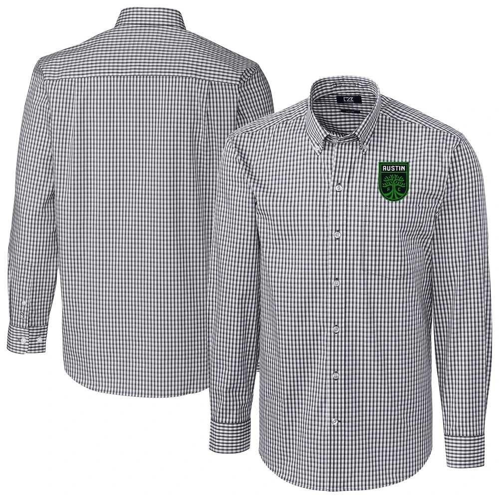 Men's Cutter & Buck Charcoal Austin FC Big Tall Easy Care Stretch Gingham Long Sleeve Dress Top