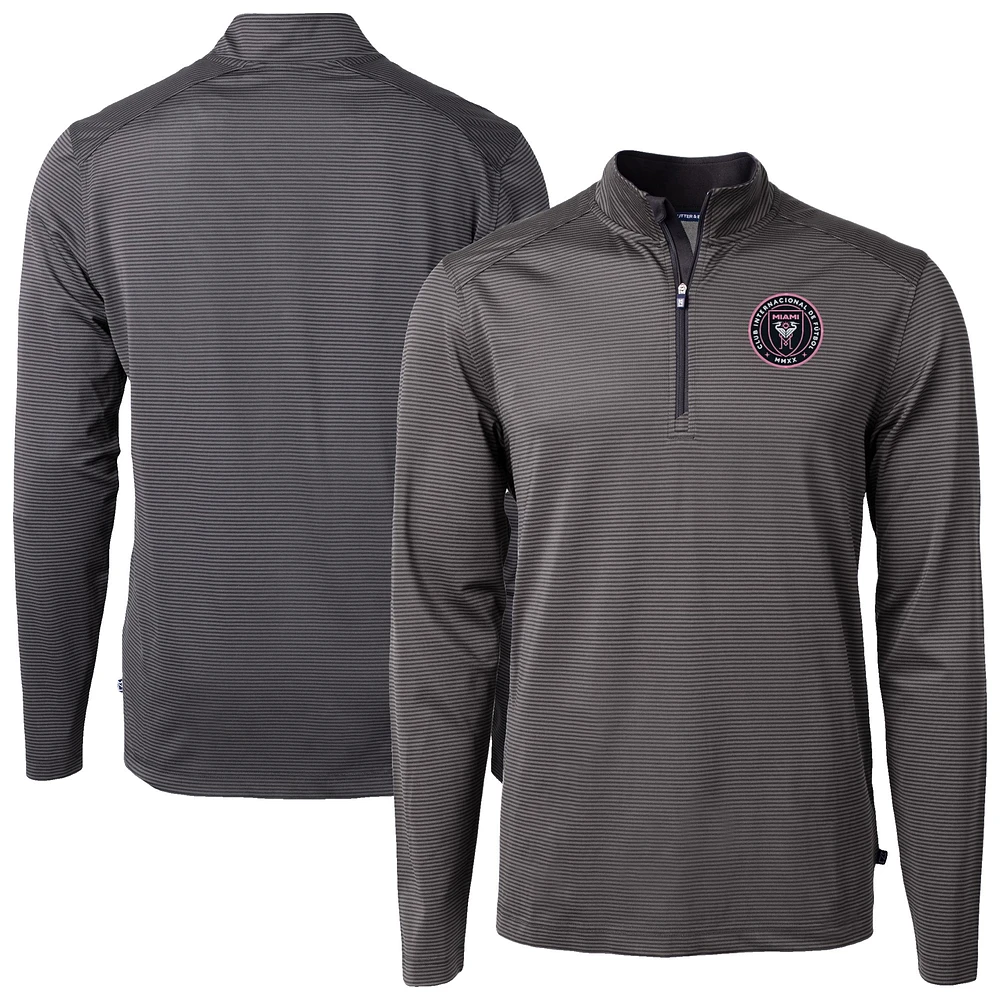 Men's Cutter & Buck Inter Miami CF Big Tall Virtue Eco Pique Micro Stripe Recycled Quarter-Zip