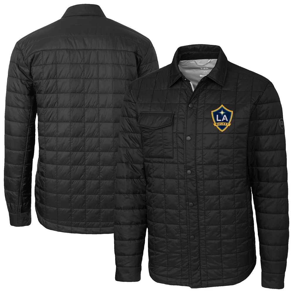 Men's Cutter & Buck Black LA Galaxy Big Tall Rainier PrimaLoft Eco Insulated Full-Snap Quilted Shirt Jacket
