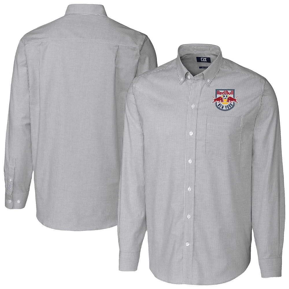Men's Cutter & Buck Charcoal New York Red Bulls Big Tall Stretch Oxford Stripe Tri-Blend Long Sleeve Dress Shirt