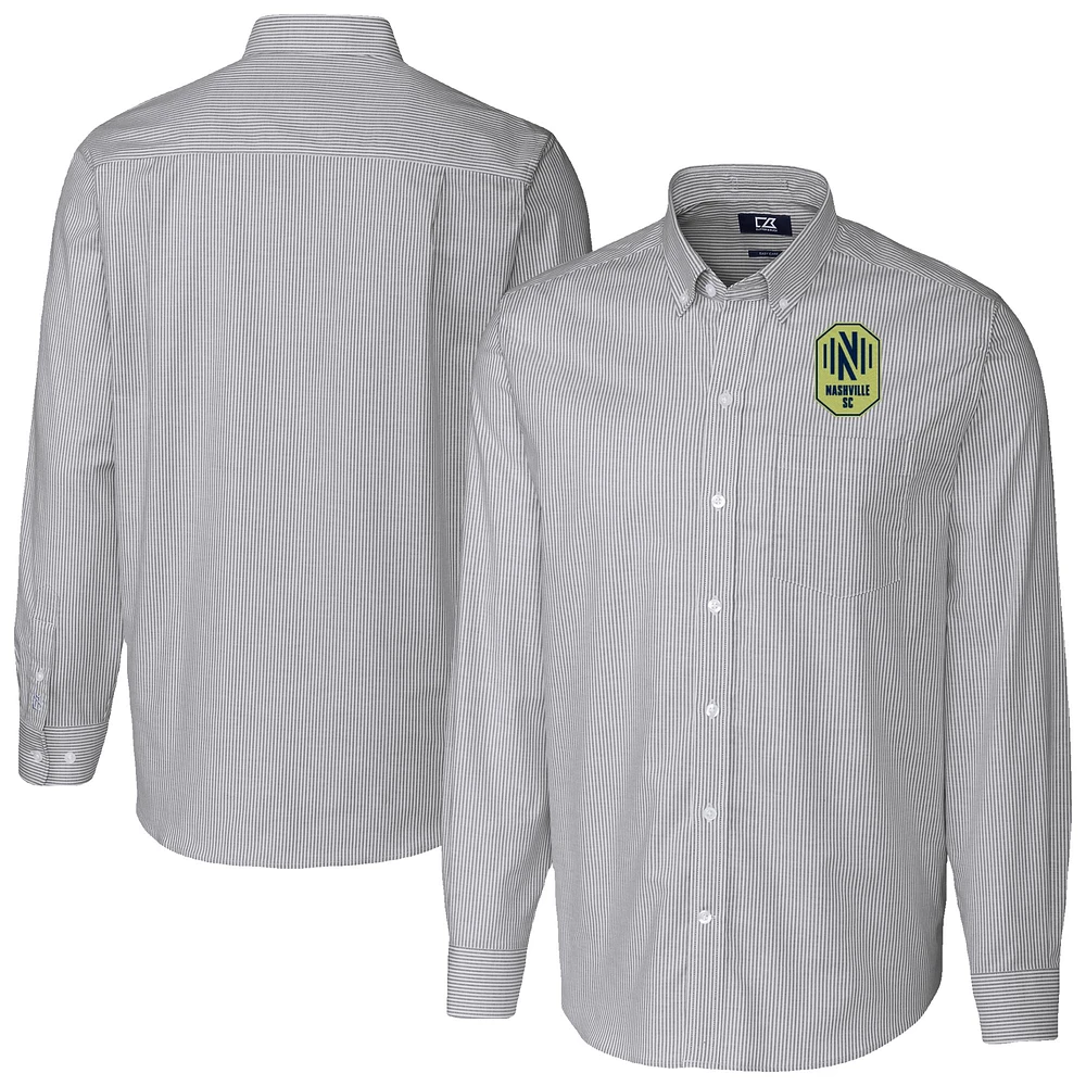 Men's Cutter & Buck Charcoal Nashville SC Big Tall Stretch Oxford Stripe Tri-Blend Long Sleeve Dress Shirt