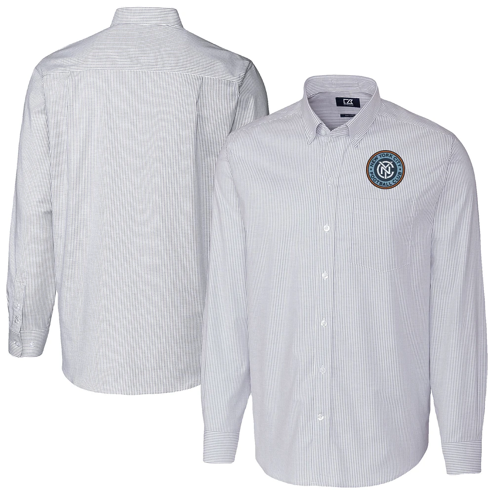 Men's Cutter & Buck Light Blue New York City FC Big Tall Stretch Oxford Stripe Tri-Blend Long Sleeve Dress Shirt