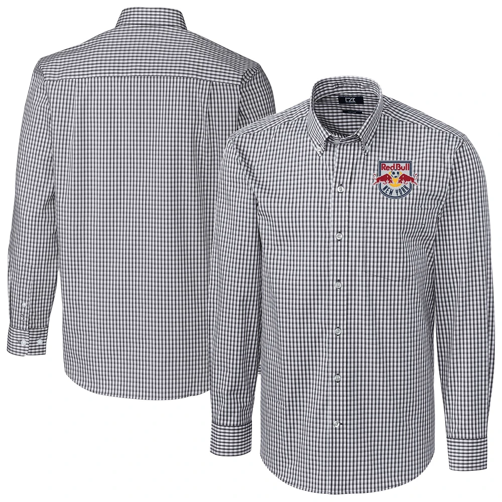 Men's Cutter & Buck Charcoal New York Red Bulls Big Tall Easy Care Stretch Gingham Long Sleeve Dress Top