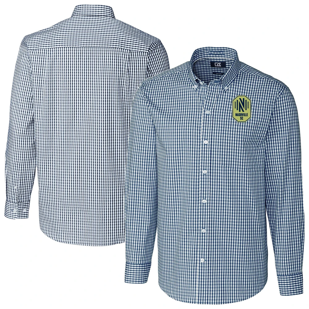 Men's Cutter & Buck Navy Nashville SC Big Tall Easy Care Stretch Gingham Long Sleeve Dress Top