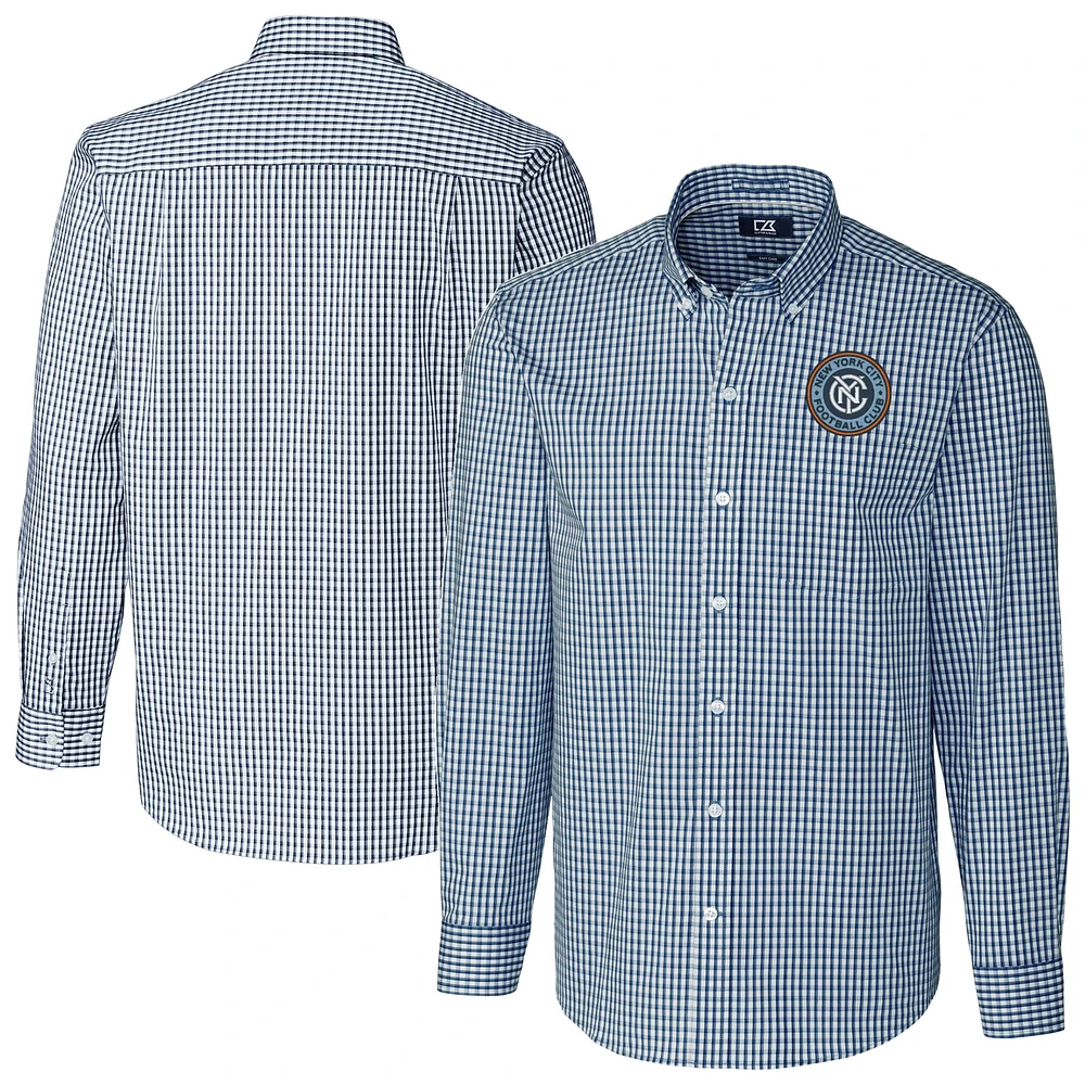Men's Cutter & Buck Navy New York City FC Big Tall Easy Care Stretch Gingham Long Sleeve Dress Top