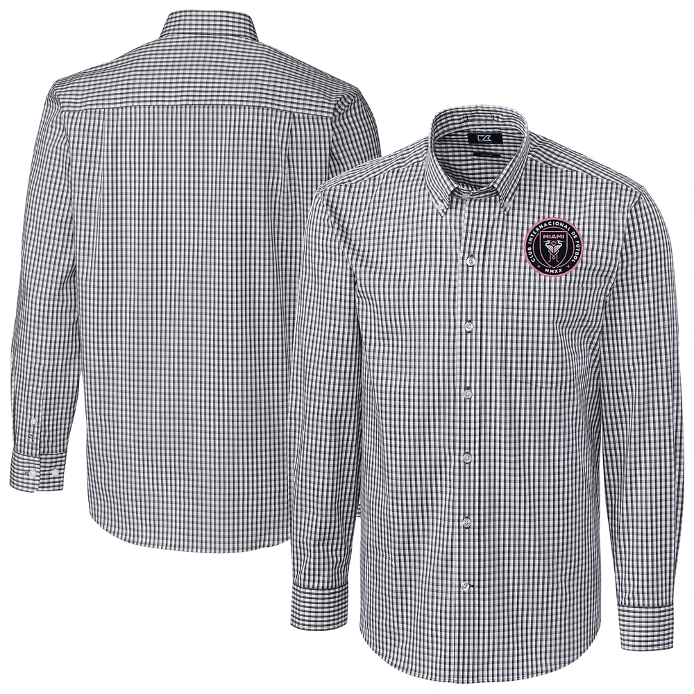 Men's Cutter & Buck Charcoal Inter Miami CF Big Tall Easy Care Stretch Gingham Long Sleeve Dress Top