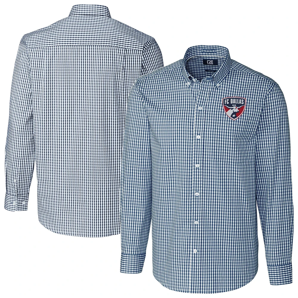 Men's Cutter & Buck Navy FC Dallas Big Tall Easy Care Stretch Gingham Long Sleeve Dress Top