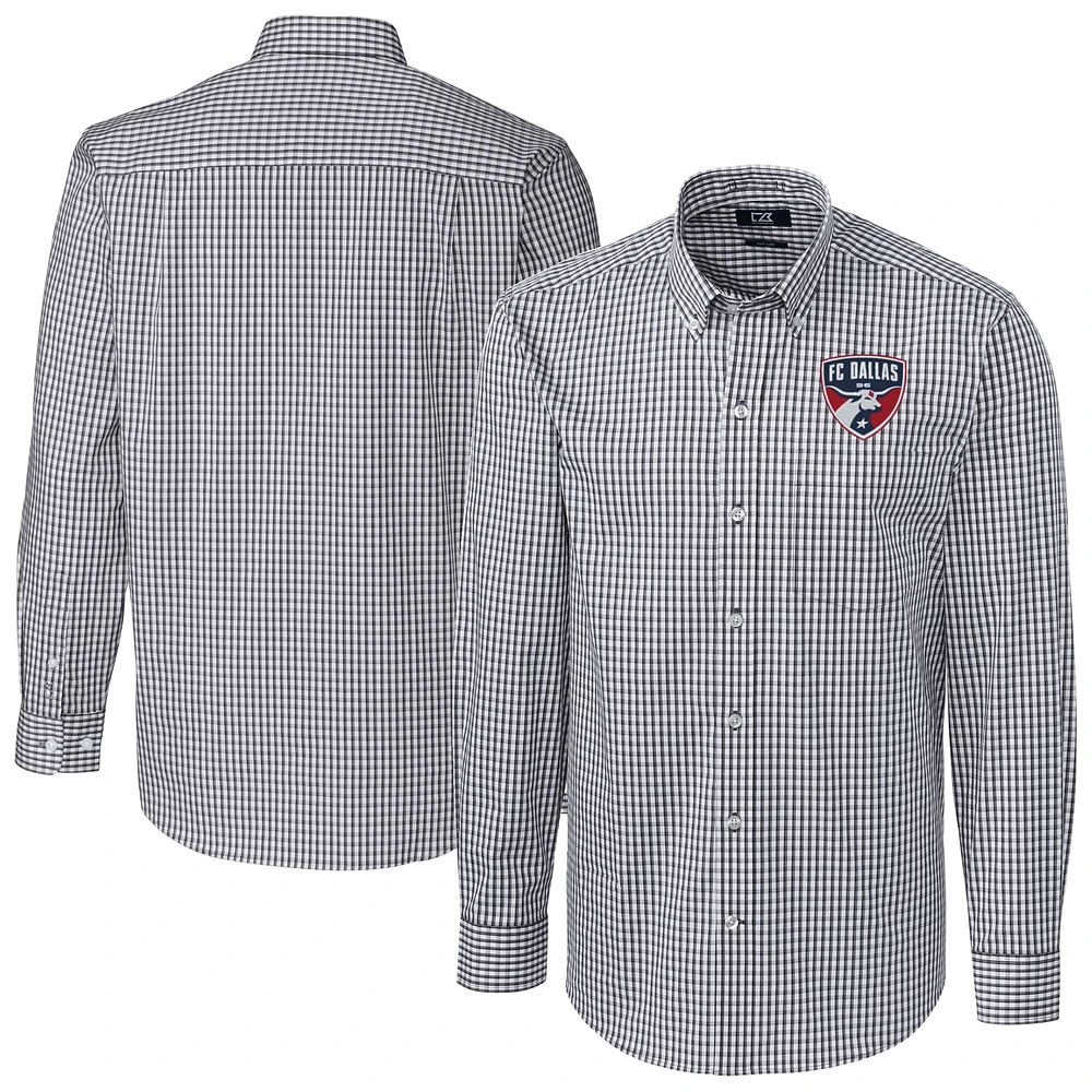 Men's Cutter & Buck Charcoal FC Dallas Big Tall Easy Care Stretch Gingham Long Sleeve Dress Top