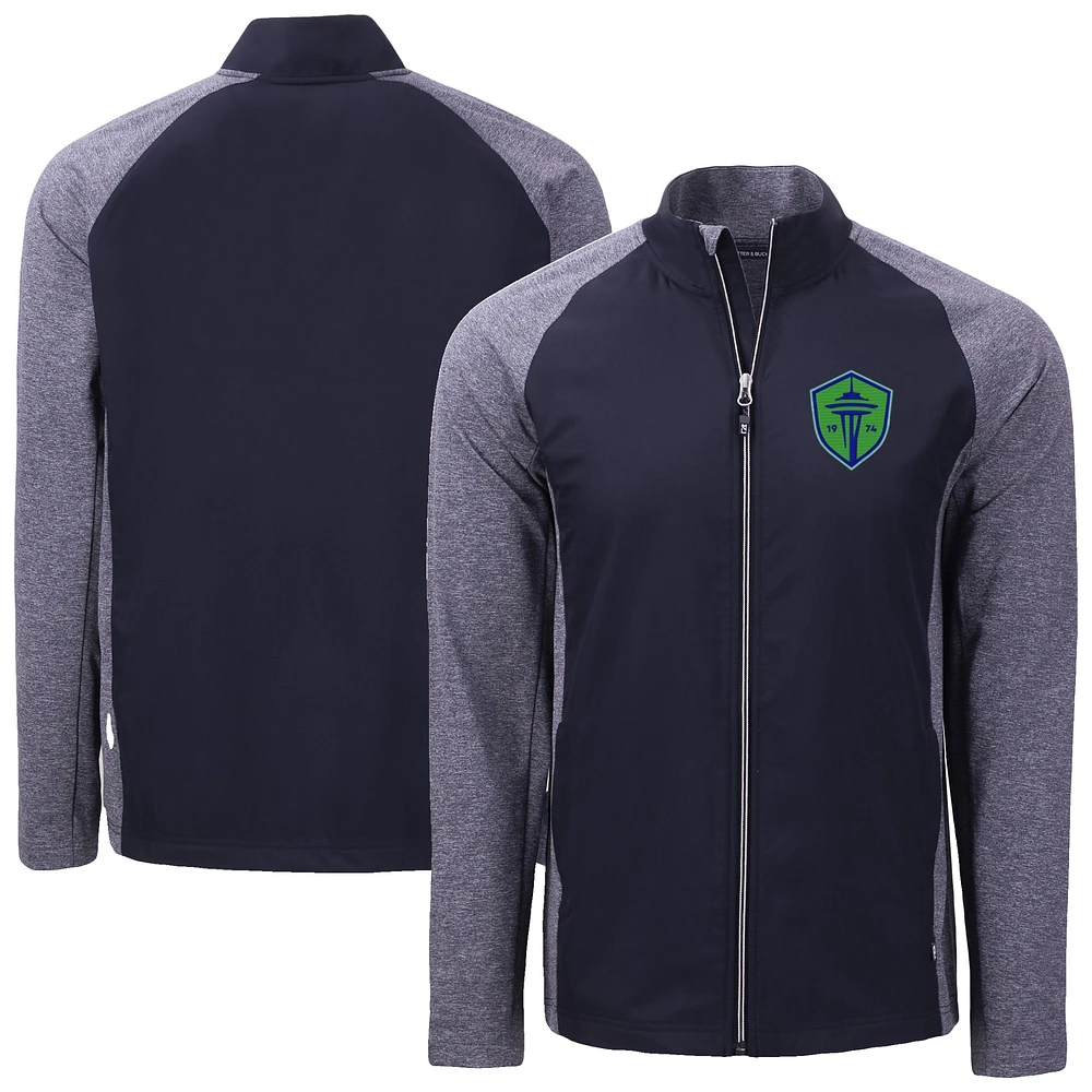Men's Cutter & Buck Heather Navy Seattle Sounders FC Adapt Eco Knit Hybrid Recycled Full-Zip Jacket