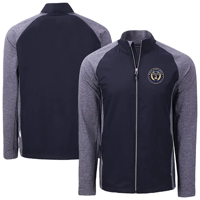 Men's Cutter & Buck Heather Navy Philadelphia Union Adapt Eco Knit Hybrid Recycled Full-Zip Jacket