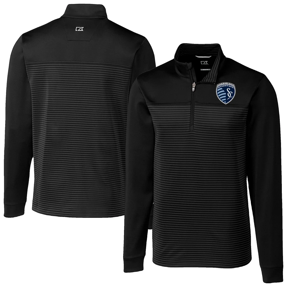 Men's Cutter & Buck Black Sporting Kansas City Big Tall Traverse Stretch Eco Stripe Quarter-Zip Pullover