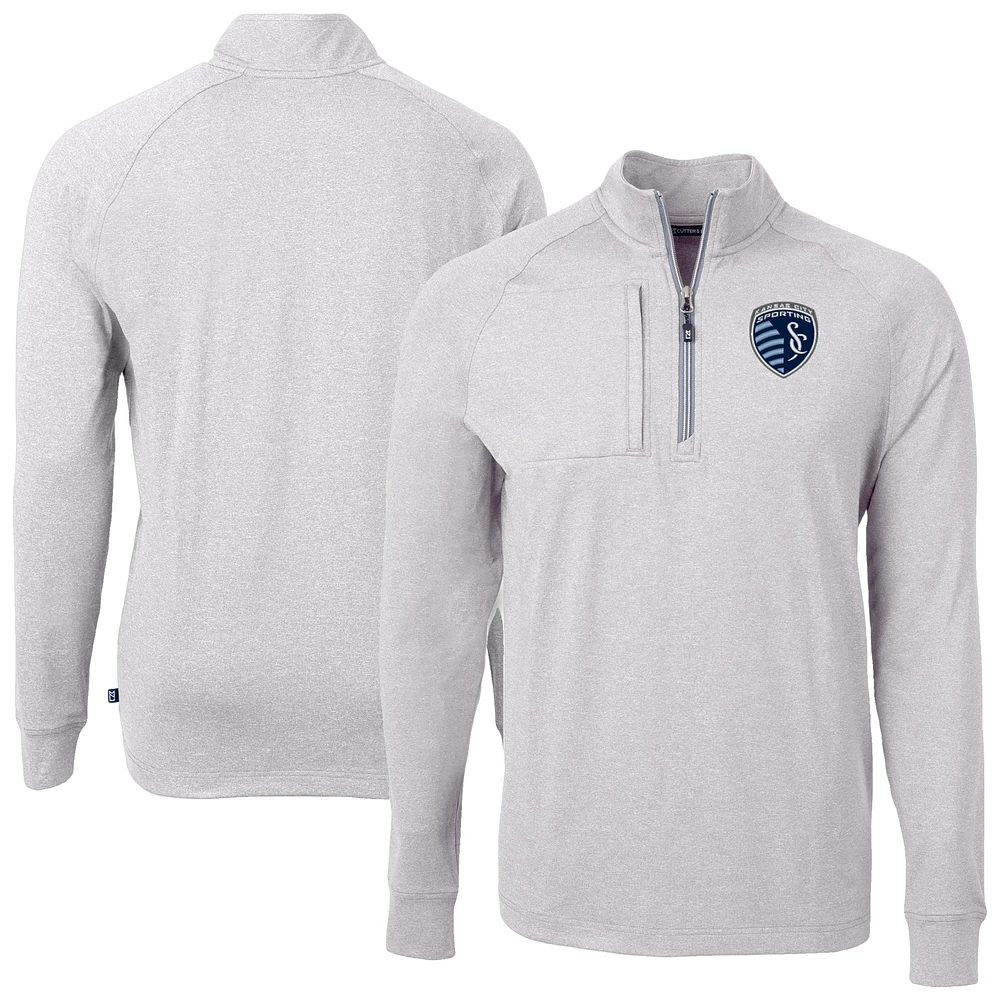 Men's Cutter & Buck Heather Gray Sporting Kansas City Big Tall Adapt Eco Knit Quarter-Zip Top