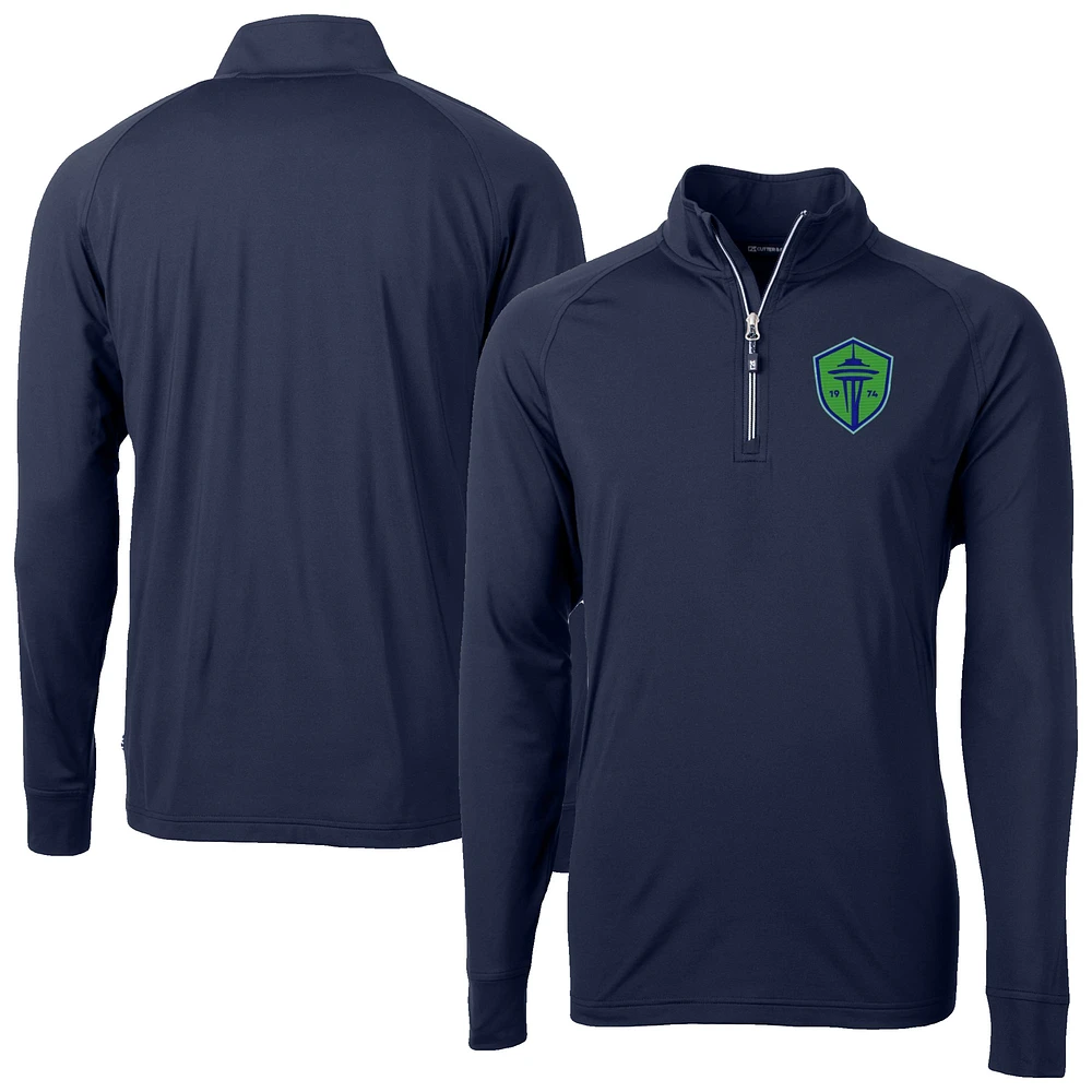 Men's Cutter & Buck Navy Seattle Sounders FC Big Tall Adapt Eco Knit Stretch Recycled Quarter-Zip Pullover