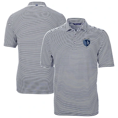 Men's Cutter & Buck Navy Sporting Kansas City Big Tall Virtue Eco Pique Stripe Recycled Polo