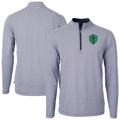 Men's Cutter & Buck Navy Seattle Sounders FC Big Tall Virtue Eco Pique Micro Stripe Recycled Quarter-Zip