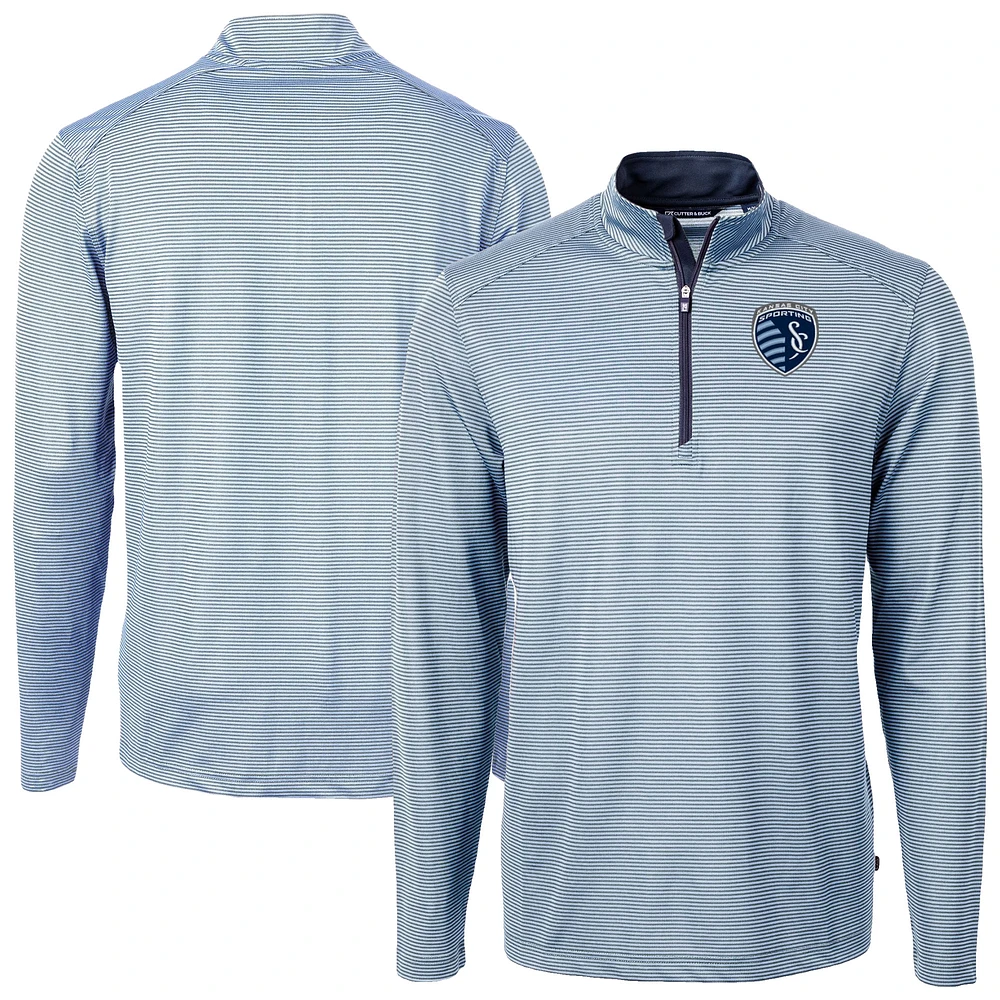 Men's Cutter & Buck Powder Blue Sporting Kansas City Big Tall Virtue Eco Pique Micro Stripe Recycled Quarter-Zip