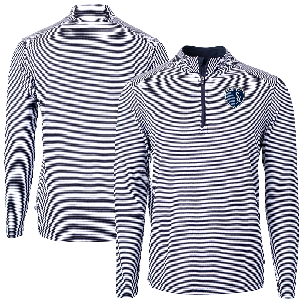 Men's Cutter & Buck Navy Sporting Kansas City Big Tall Virtue Eco Pique Micro Stripe Recycled Quarter-Zip
