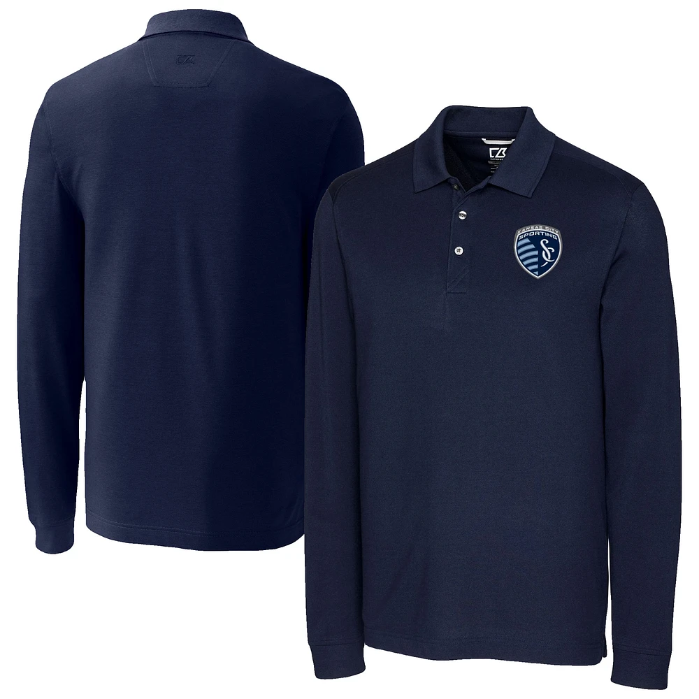 Men's Cutter & Buck Navy Sporting Kansas City Big Tall Advantage Eco Tri-Blend Pique Long Sleeve Polo