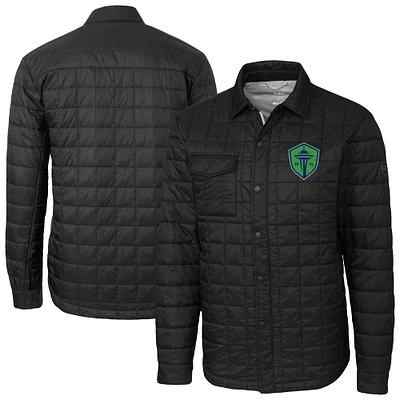 Men's Cutter & Buck Black Seattle Sounders FC Big Tall Rainier PrimaLoft Eco Insulated Full-Snap Quilted Shirt Jacket
