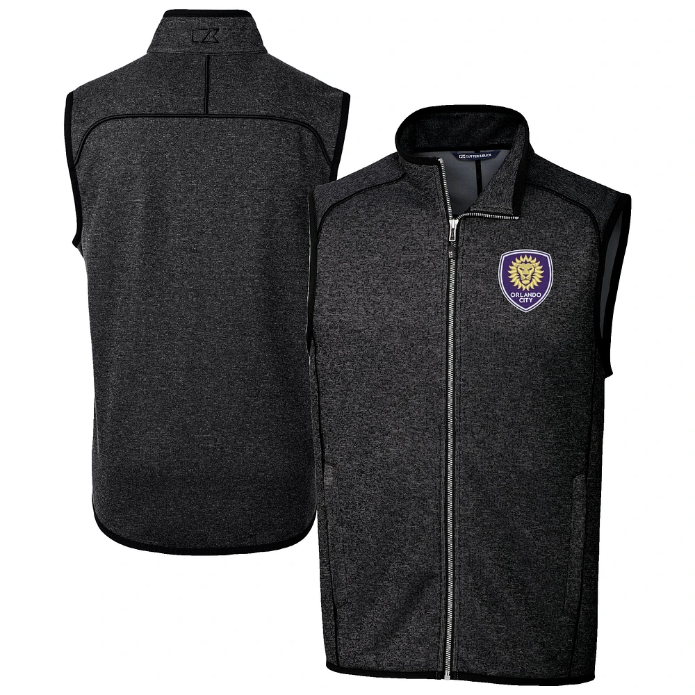 Men's Cutter & Buck Heather Charcoal Orlando City SC Big Tall Mainsail Sweater-Knit Full-Zip Vest