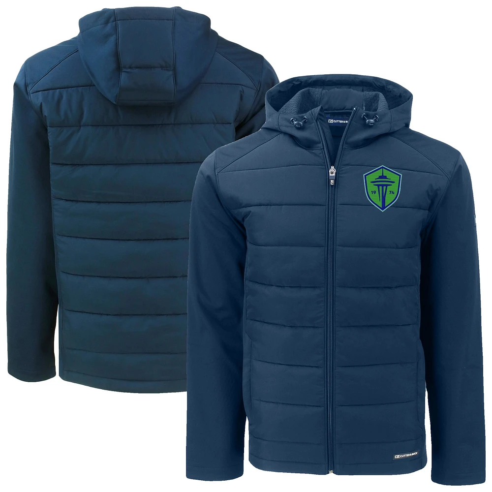 Men's Cutter & Buck Navy Seattle Sounders FC Big Tall Evoke Hybrid Eco Softshell Recycled Full-Zip Hoodie Jacket