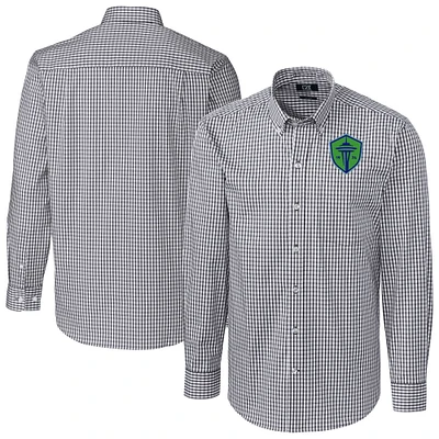 Men's Cutter & Buck Charcoal Seattle Sounders FC Big Tall Easy Care Stretch Gingham Long Sleeve Dress Shirt