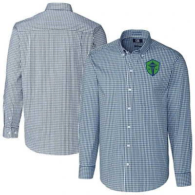 Men's Cutter & Buck Navy Seattle Sounders FC Big Tall Easy Care Stretch Gingham Long Sleeve Dress Shirt